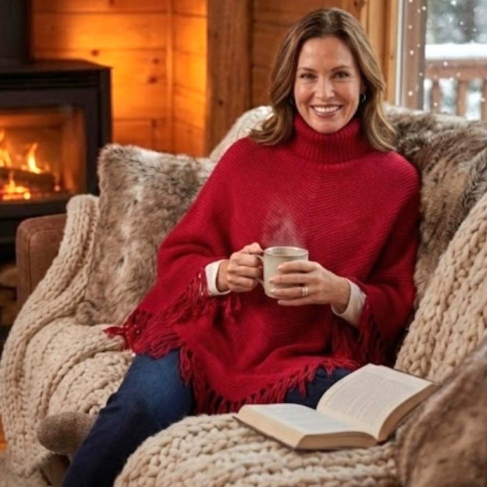 Talbots 100% Wool/laine Red Knit Poncho with Fringe NWT